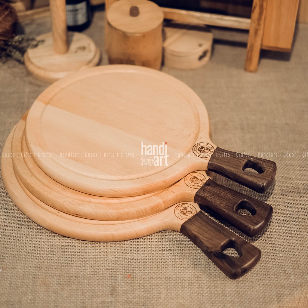 Thớt tròn gỗ beech tay cầm - Thớt gỗ tròn trang trí - Wooden cutting board