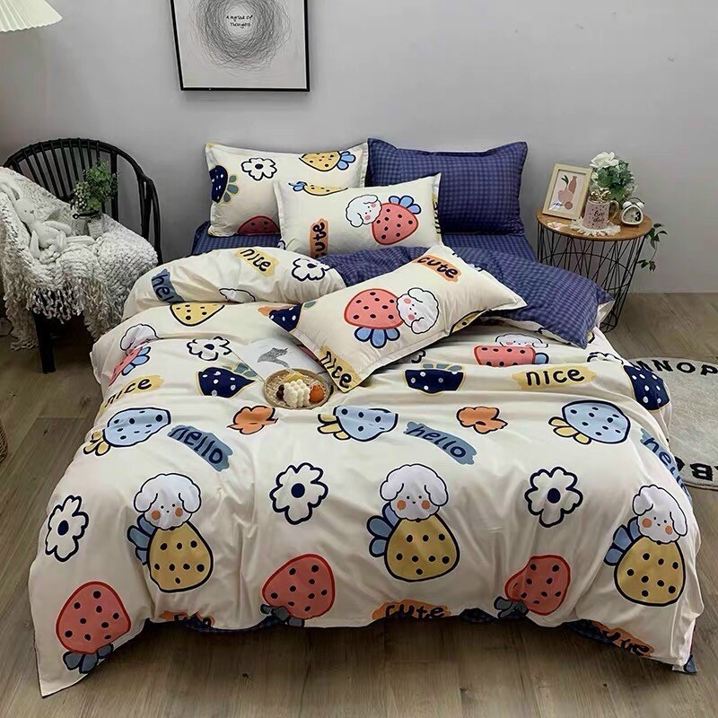 BỘ DRAP &amp; CHĂN PHAO COTTON POLY CỪU DÂU XANH