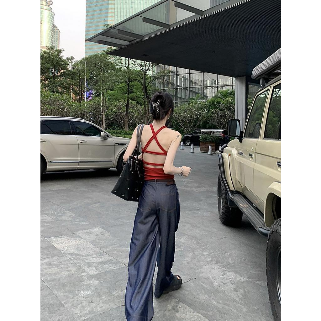 Bộ Áo Sát Nách Hở Lưng Phối Quần Denim Lưng Cao Thời Trang Cá Tính 62036