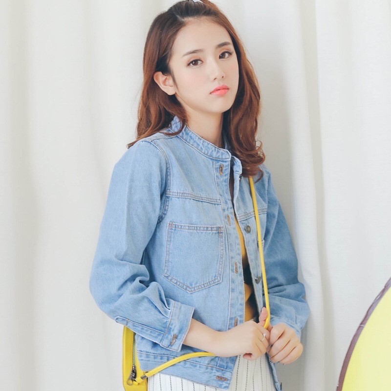 Áo khoác jean Nữ cao cấp phối cổ trụ thanh lịch PC Hàn quốc - HOT TREND 2021