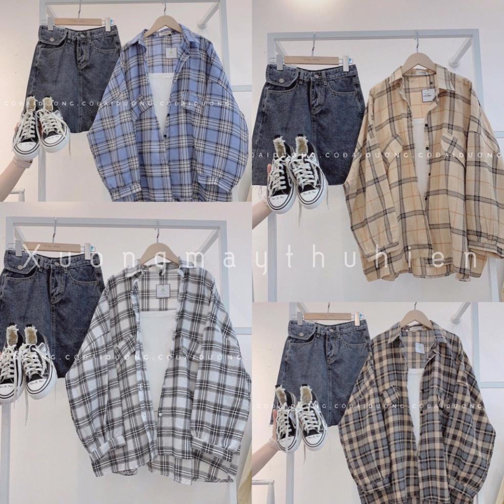 Áo sơ mi kẻ dài tay 2 túi lệch phom rộng unisex thời trang hàn quốc/ Áo khoác nhẹ mùa hè tay bồng dáng thụng ulzzang Đẹp