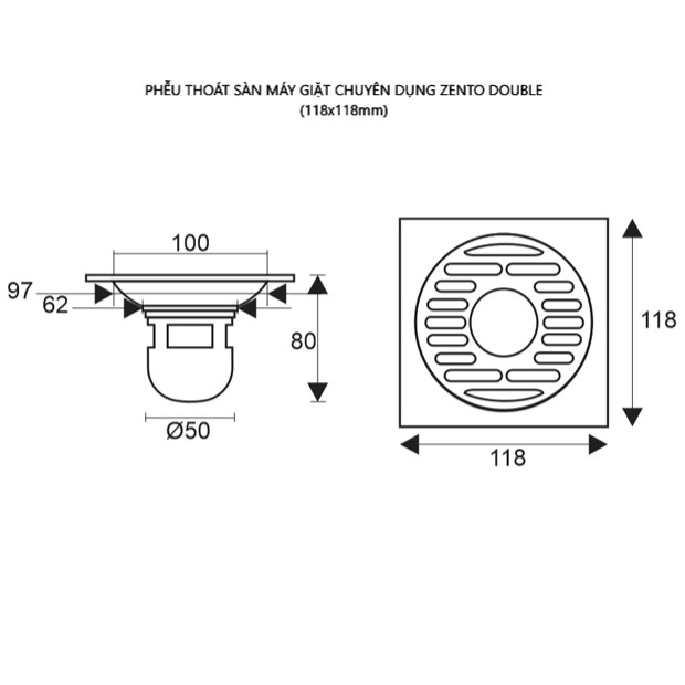 PHỄU THOÁT SÀN MÁY GIẶT CHUYÊN DỤNG 118x118mm DOUBLE CAPU126ts