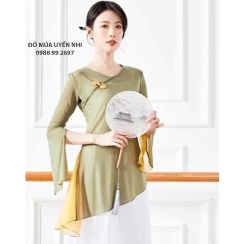 Áo lưới tập múa cổ trang, tập yoga tay loe xẻ, vạt chéo phối màu  - Đồ Múa Bảo Châu