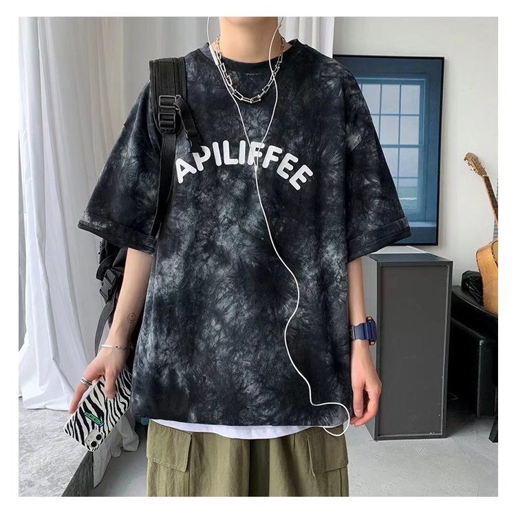 Áo thun tay ngắn cổ tròn nhuộm màu loang phong cách hong kong cá tính thời trang mùa hè cho nam Size M-7XL