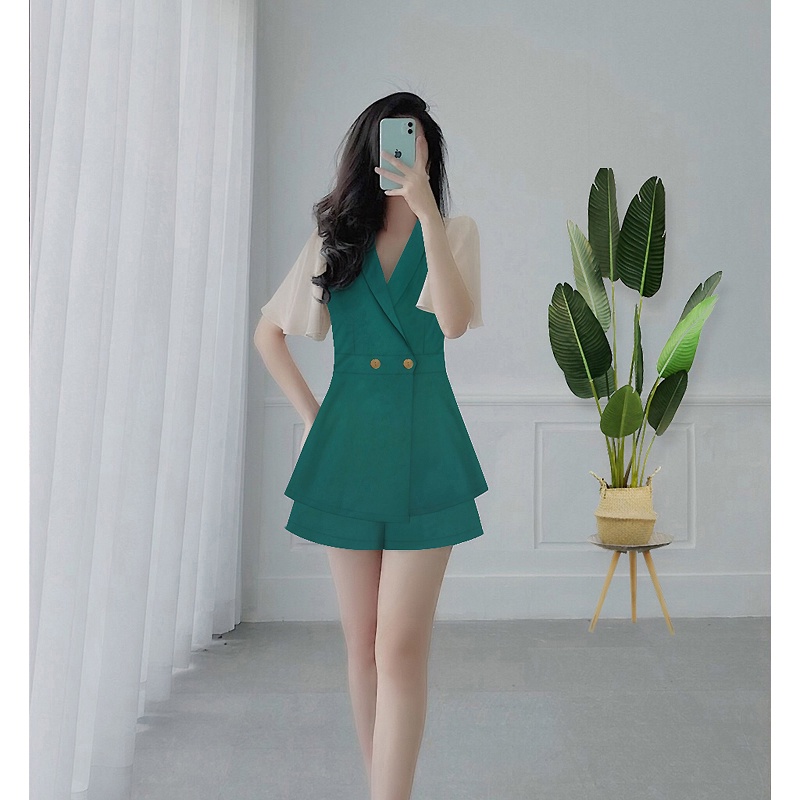 Set đồ nữ nguyên bộ áo cổ vest tay phối lưới quần đùi cá tính J1158