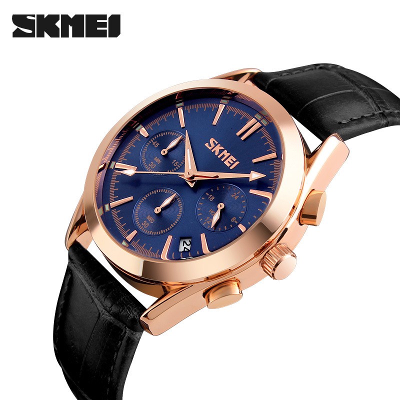 Đồng hồ nam dây da SKMEI 9127 chính hãng chạy 6 kim phong cách nhiều màu lựa chọn size 40mm