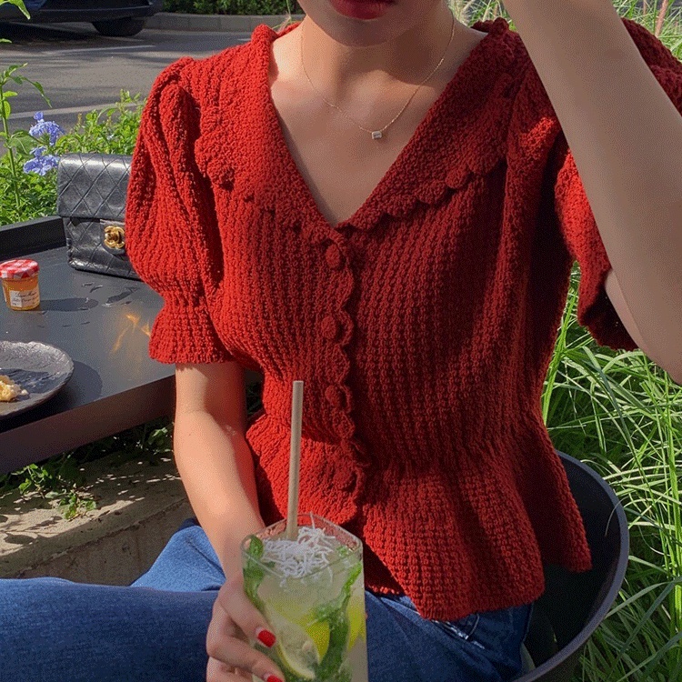 Áo dệt kim SUXI tay phồng ngắn màu trơn thanh lịch cho nữ