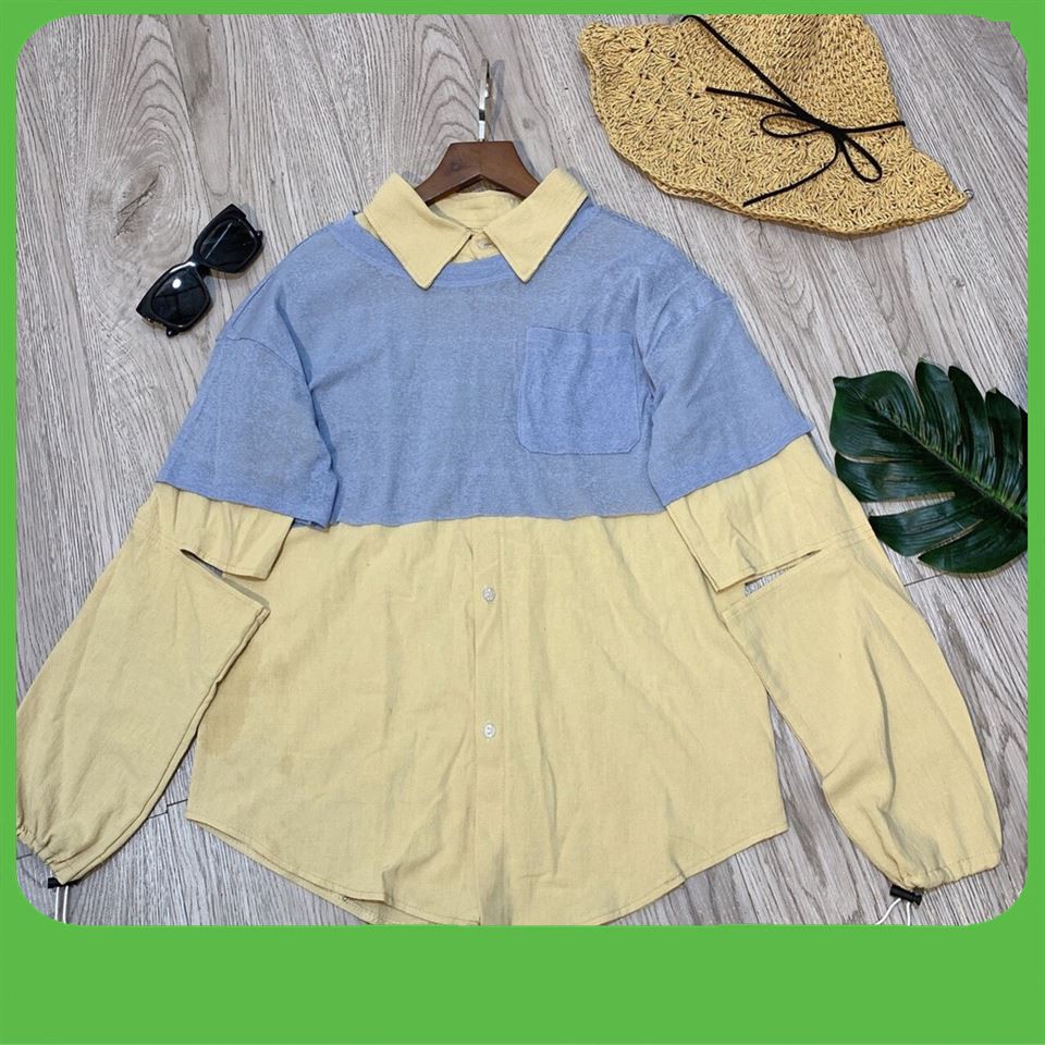 [Loại 1Tốt Nhất] (QUẢNG CHÂU) SET BỘ ÁO SƠ MI NỮ BE NUDE MIX CROPTOP XANH SIÊU ĐẸP