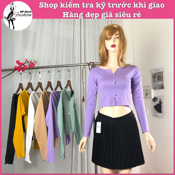 ✅ Hàng sẵn ✅ Áo Croptop Nữ Kiểu Tay Dài Đính Cúc Cổ Tim Hot Girl