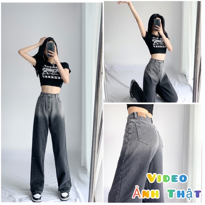 Quần Jeans Ống Suông Mẫu Độc Quyền Nhà MOON.D Unisex Phối Xám Đen ❤️ Form Đáy Cao Phối Màu Cực Chất