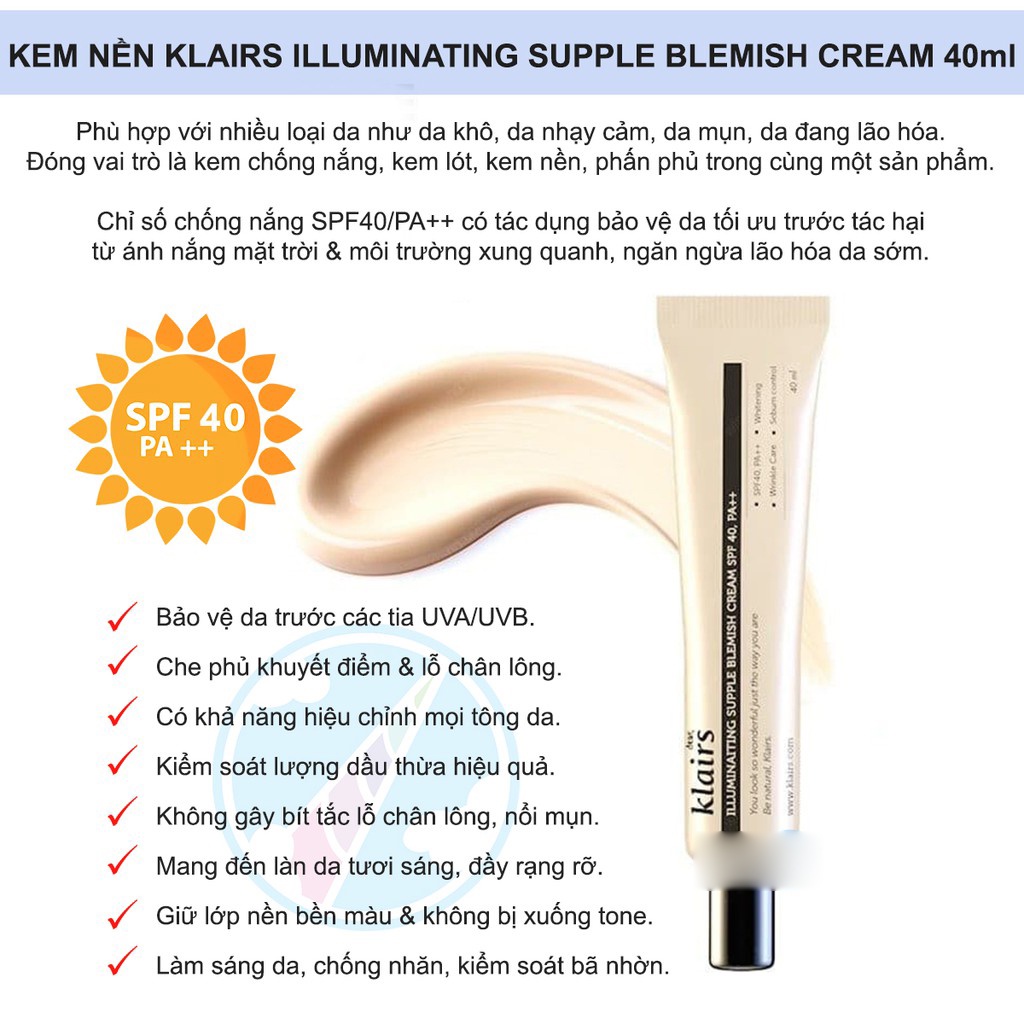 Kem Nền Nâng Tone Da Kiểm Soát Bã Nhờn Klairs Illuminating Supple Blemish Cream 40ml