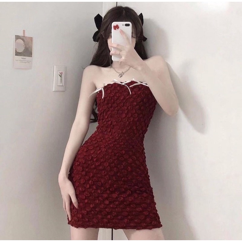 Set váy quây đỏ cúp ngực nơ ôm body dáng ngắn+áo khoác croptop dài tay đen