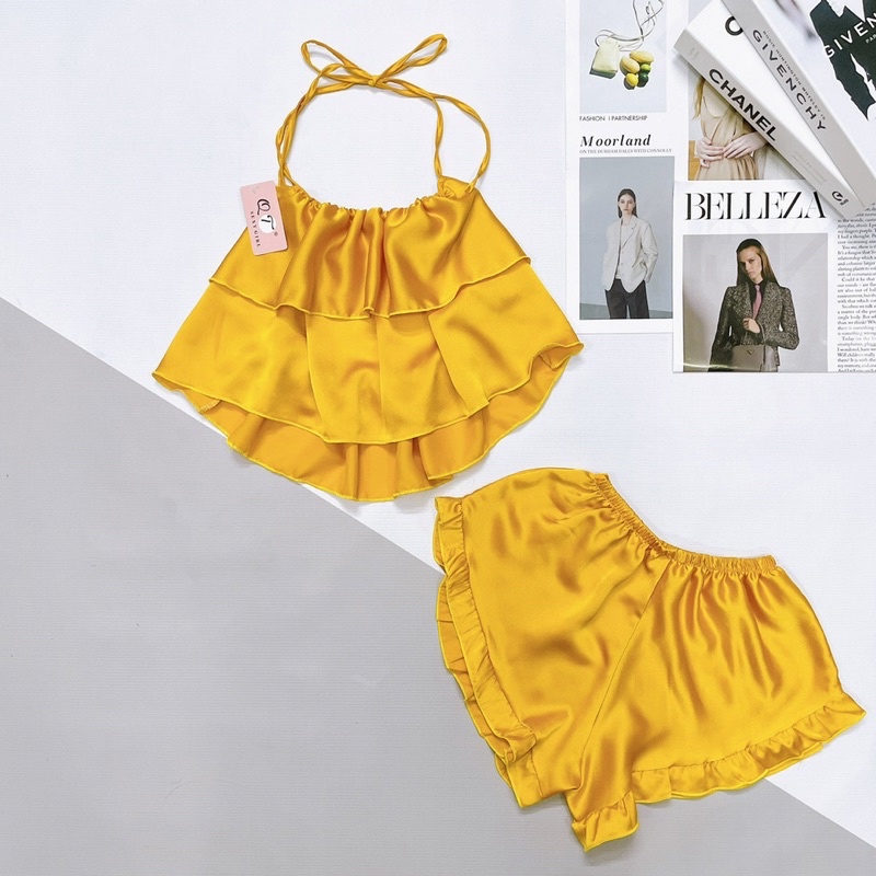 Đồ Ngủ Lụa 2 Dây Nữ Trúc My, lụa satin kiểu yếm tầng freesize 40-58kg, tuỳ chiều cao