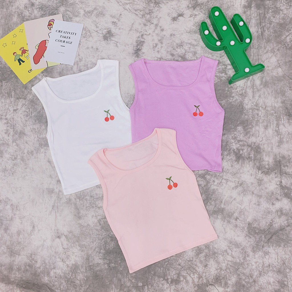 Áo kiểu cọc tay cổ tròn thêu trái cherry xinh xắn siêu xinh xắn