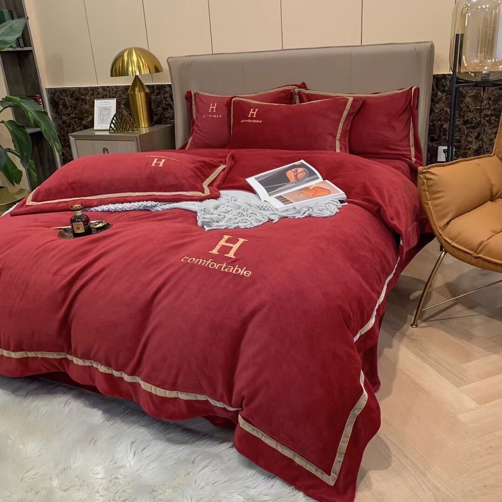 Bộ ga gối vỏ chăn nỉ chữ H 4 món  shop vũ thị thơm