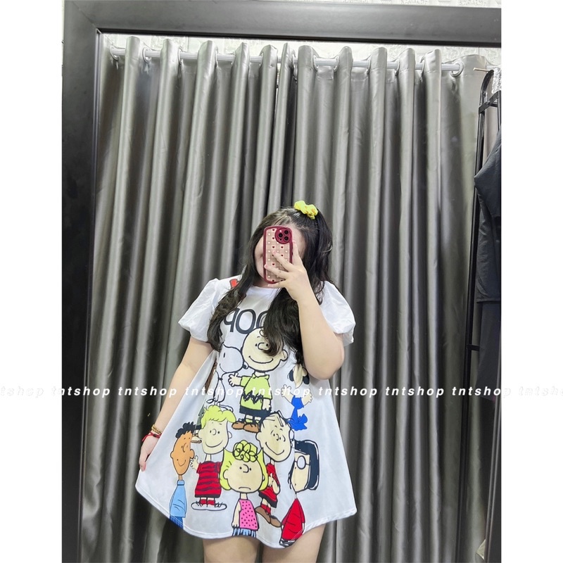 Đầm Suông Tay Phồng In 3D Hoạt Hình Snpoopy