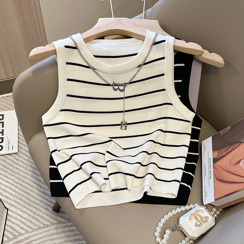 622259#Áo Dệt Kim Dáng Ngắn Họa Tiết Kẻ Sọc Thời Trang Mùa Hè Xinh Xắn Cho Nữ