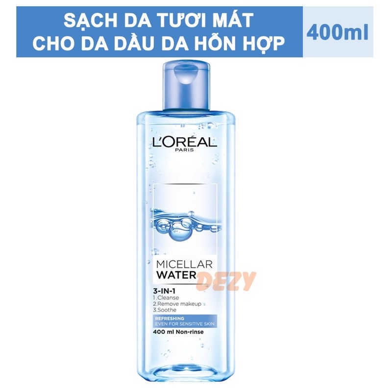 Nước tẩy trang cho mọi loại da L'Oreal Paris 3in1 Micellar Water 400ml xanh nhạt/ xanh đậm/ hồng/ tím