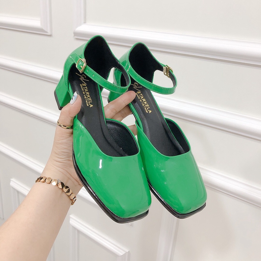 Sandal nữ 3p mũi vuông hậu bít khóa cài chất da bóng mềm đi cực xinh - Chị Chảnh Store