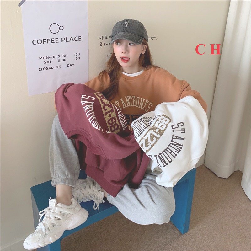 Áo Nỉ 89-1220 PEONYB Nữ [FREESHIP]  Sweater form rộng tay bồng, hoodie cổ tròn in hình vintage cá tính Ulzzang
