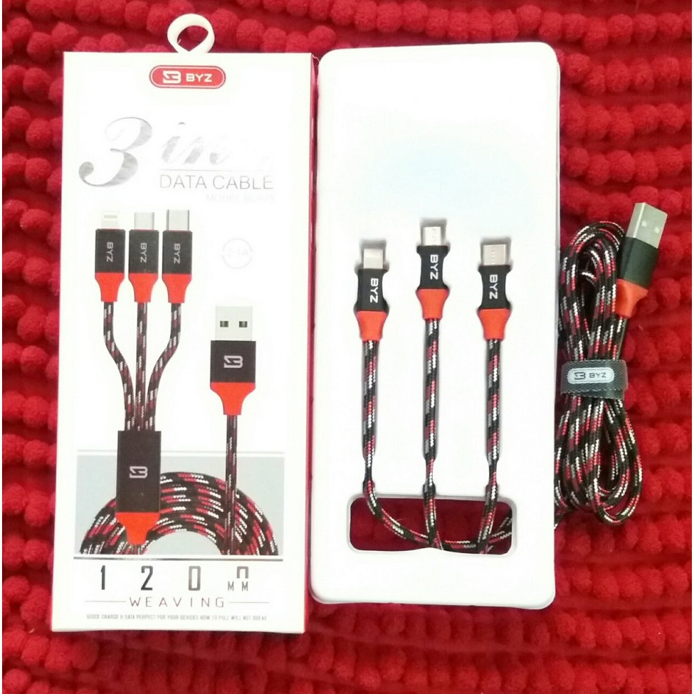 Dây Sạc 3 Đầu BYZ BL-675 Hỗ Trợ Sạc Nhanh, Dây Sạc 3in1 BYZ BL-675 Dây Dù Cực Bền Chống Đứt Gãy. Bảo Hành 12 Tháng
