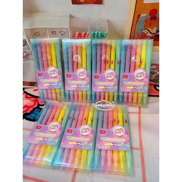 Bộ Bút Highligh 6 Cây màu pastel và Xoá 2 đầu đa năng