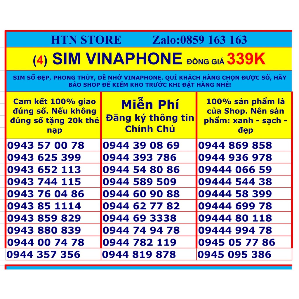 Sim vinaphone số đẹp vina trả trước giá rẻ đồng giá 339k