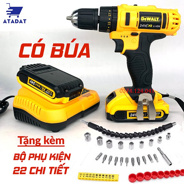 [Tặng bộ phụ kiện 22 món] Máy khoan Tường dùng pin DEWALT 24v có búa - Khoan 3 chức năng - Máy bắt vít pin 5 cell