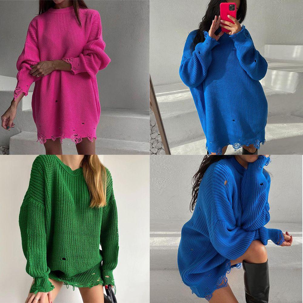 Áo Sweater Tay Dài Cổ Tròn Thiết Kế Rách Thời Trang Thu Đông Cho Nữ