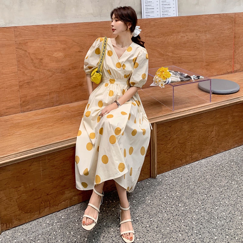 Đầm dài dáng chữ A họa tiết chấm bi thời trang Pháp 2022