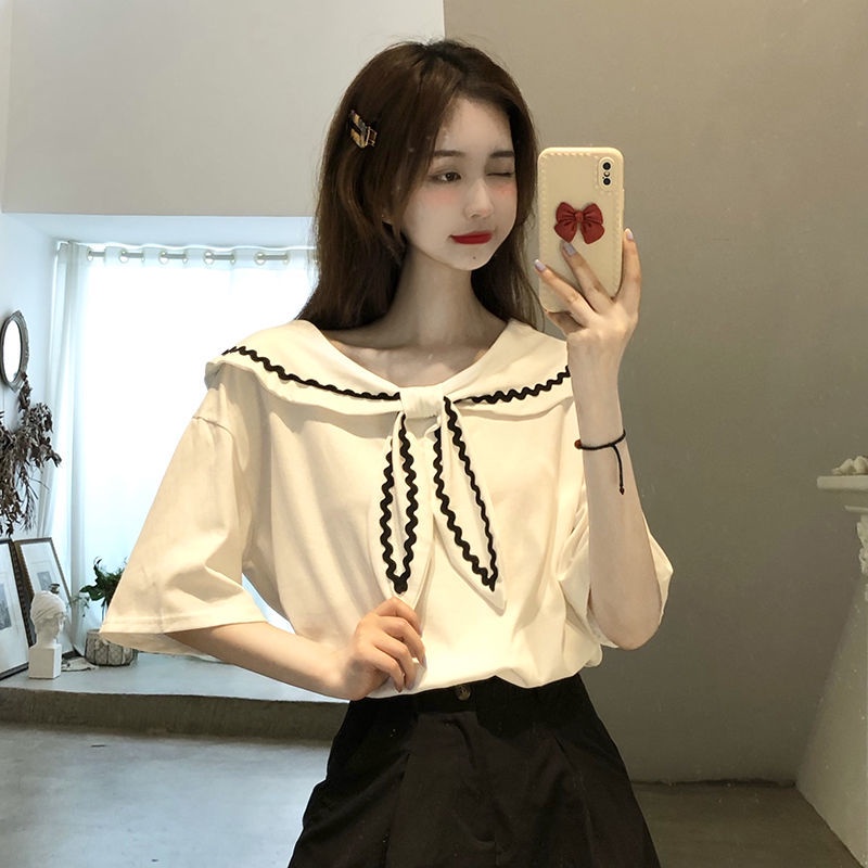 Jiashucheng Áo Thun Nữ Ngắn Tay Cổ Thủy Thủ Phong Cách Preppy Thời Trang Mùa Hè