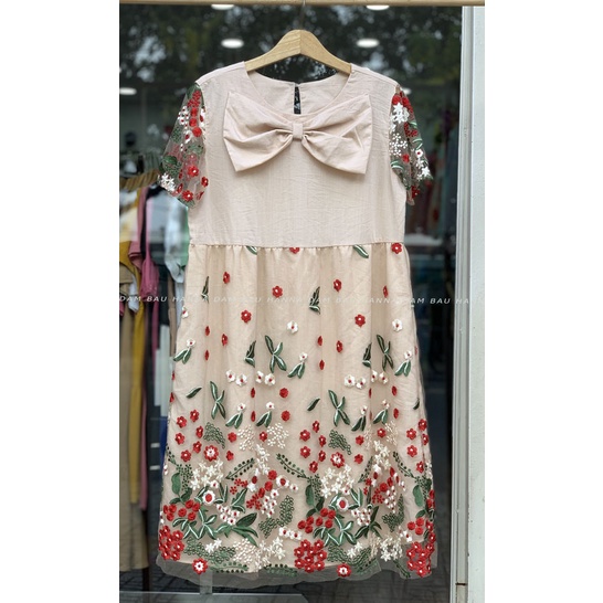 [SIZE 40-78kg] Đầm bầu dự tiệc sang chảnh dễ thương vải đũi chéo cao cấp có size 78kg thoáng mát ren thêu siêu dễ thương