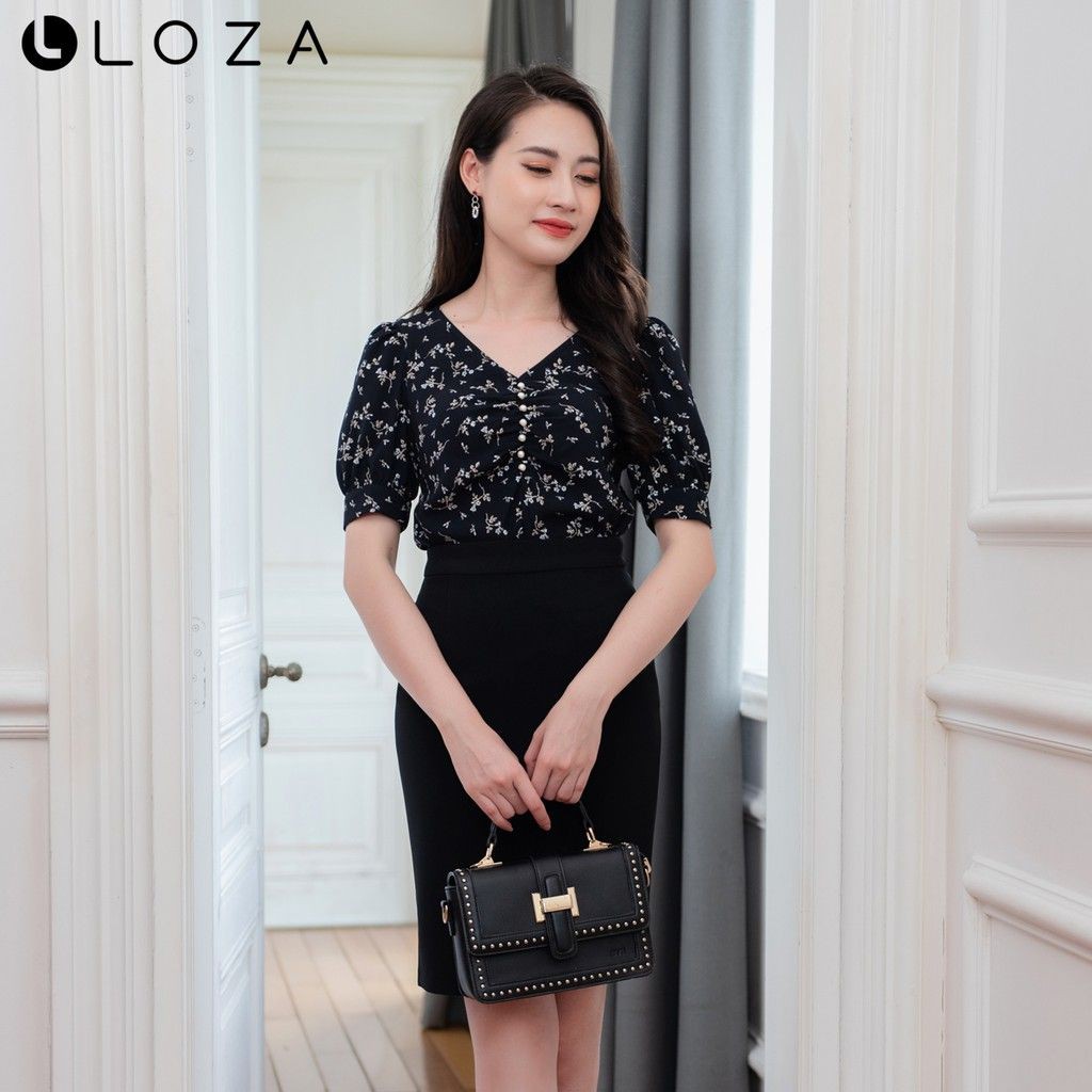 Áo sơ mi kiểu đính ngọc họa tiết hoa nhí LOZA LS1410