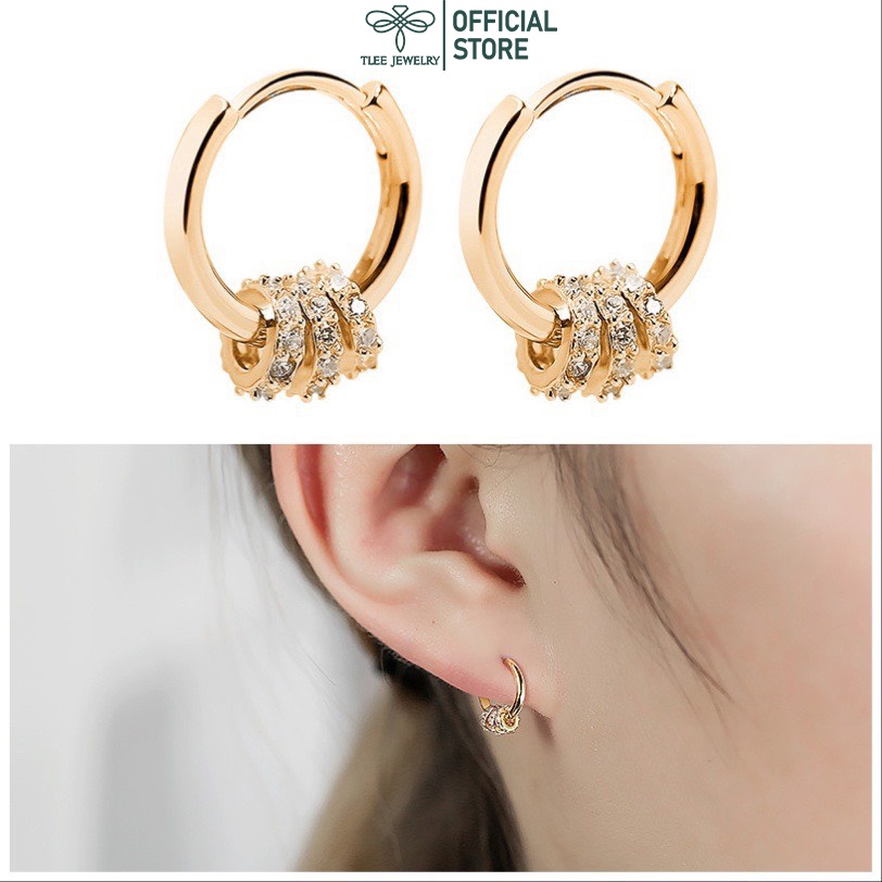 Khuyên tai bạc nữ TLEE tròn trơn mix ba vòng tròn nạm đá TleeJewelry B0113