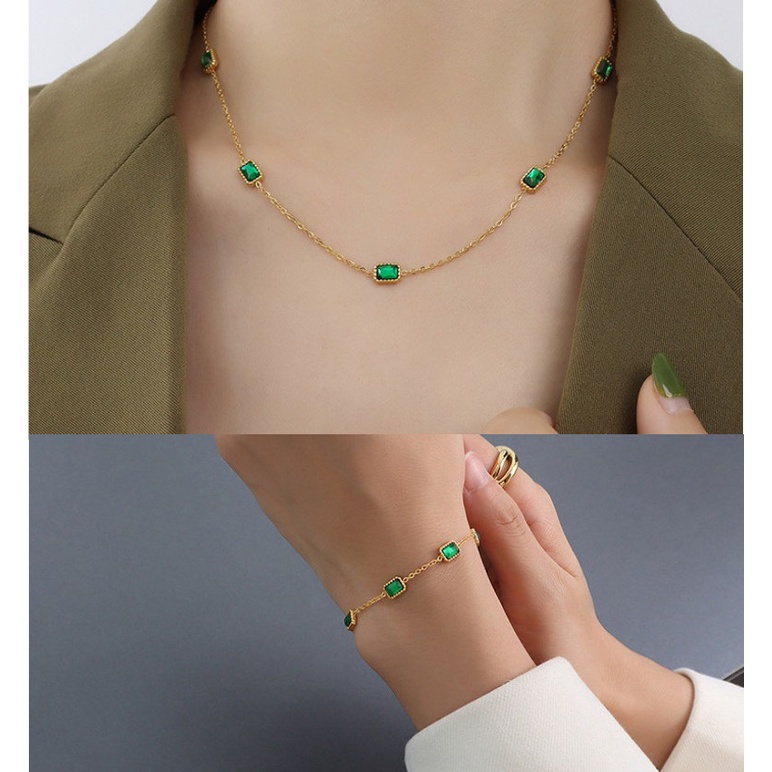 Dây Chuyền Hoặc Lắc Tay 5 Viên Đá Nhân Tạo Màu Xanh Lá Titan Ko Đen TT 3876