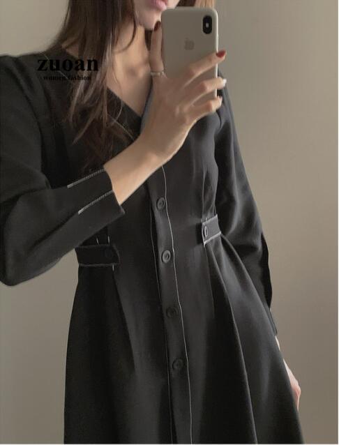 Đầm midi nữ SUXI cổ chữ V màu trơn phong cách Hàn quốc