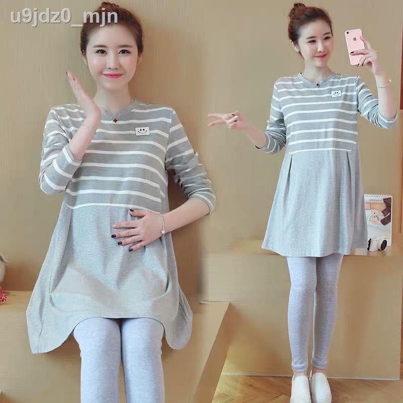 Maternity dress autumn and winter fashion Korean version of long-sleeved plus velvet thick mid-length striped skirt two- | BigBuy360 - bigbuy360.vn