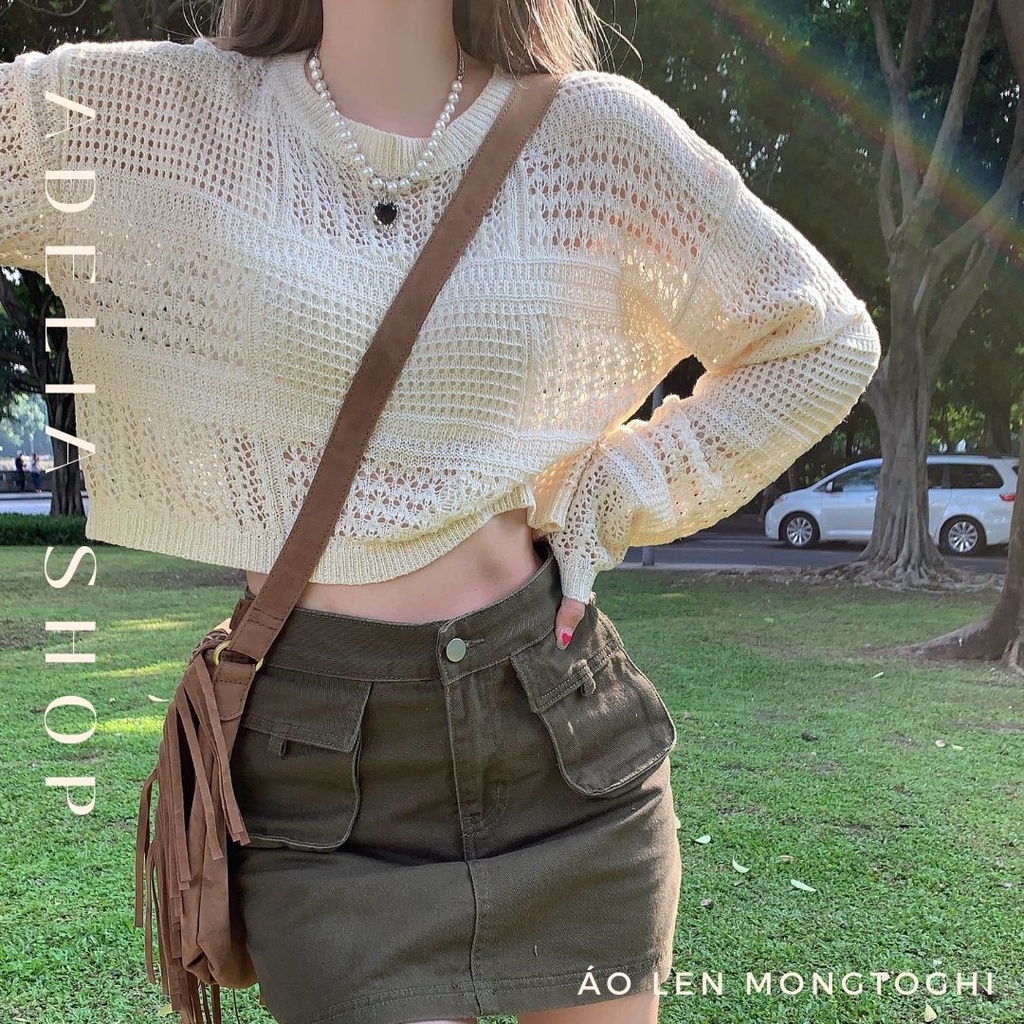 Sẵn - Áo Len Mỏng Mongtoghi Cổ Tròn Dài Tay Dáng Ngắn Cá Tính Chất Mát, Áo Len Mắt Dệt Kim Đi Biển H