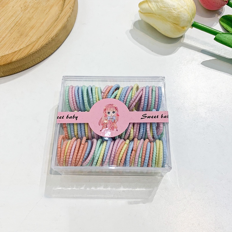 Hộp 100 thun cột tóc cho bé, chun nịt buộc tóc màu sắc cầu vồng dễ thương phong cách Hàn Quốc