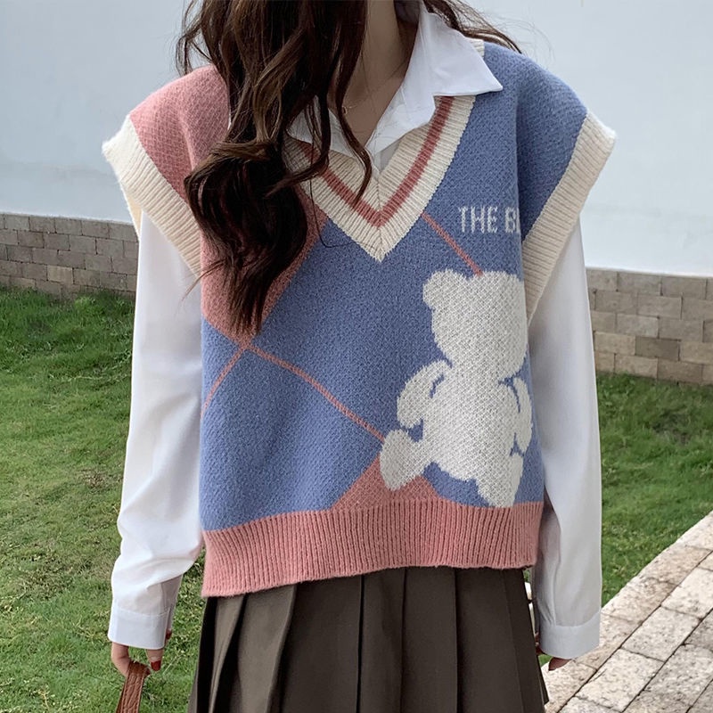 Áo khoác len không tay in hình gấu thời trang Hàn Quốc