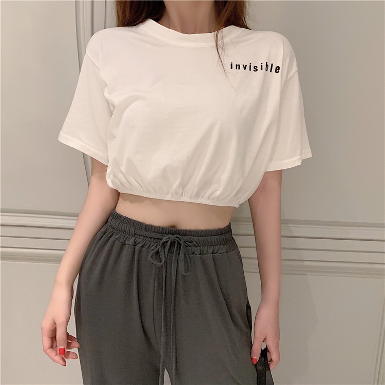 Áo Croptop Nữ Eo Chun INVISIBLE 🦋FREESHIP🦋 Áo Thun Nữ Ngắn Trắng Cộc Tay In Chữ