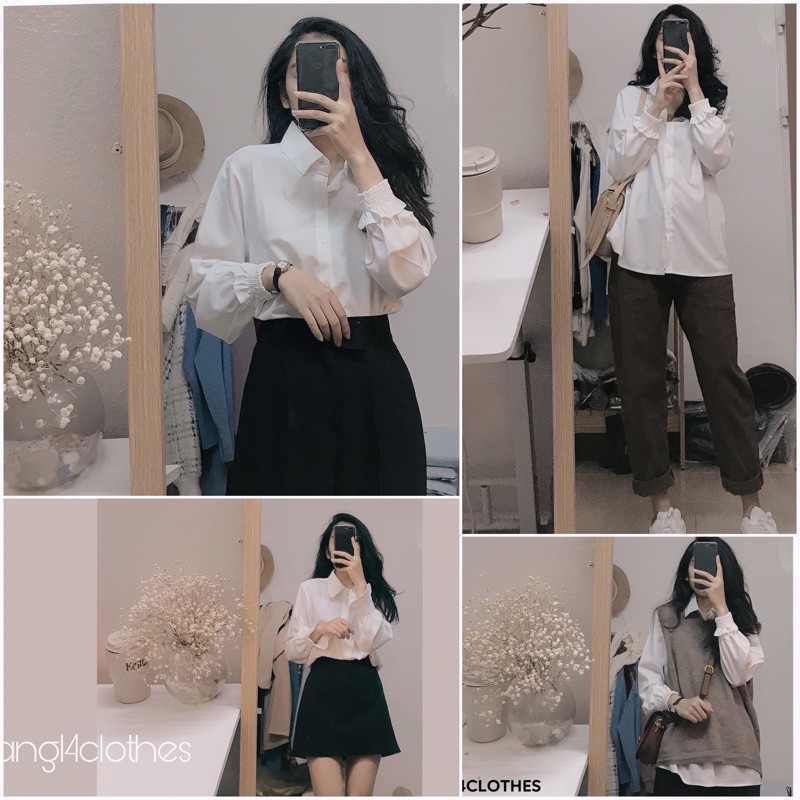 Áo sơ mi nữ trắng đi học tay dài bo nhúm cổ bẻ basic form rộng vừa - Sơ mi đi học sinh nữ trắng tay dài 5.0