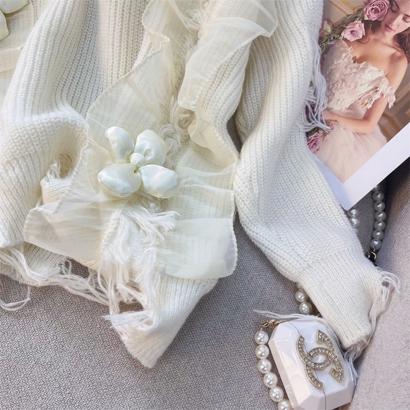 Áo Sweater Dệt Kim Mềm Dáng Rộng Phối Bèo Kiểu Hàn Quốc Thời Trang Mùa Thu Cho Nữ