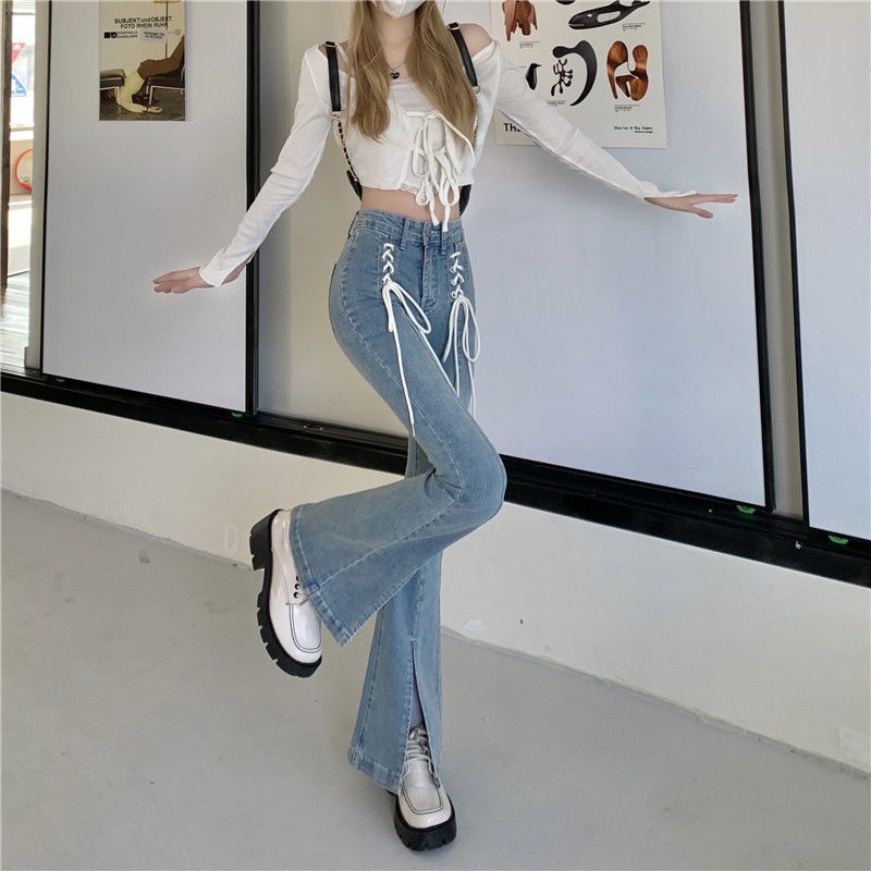 IELGY Quần Jean Ống Loe Lưng Cao Ôm Dáng Xẻ Tà Thời Trang Cho Nữ