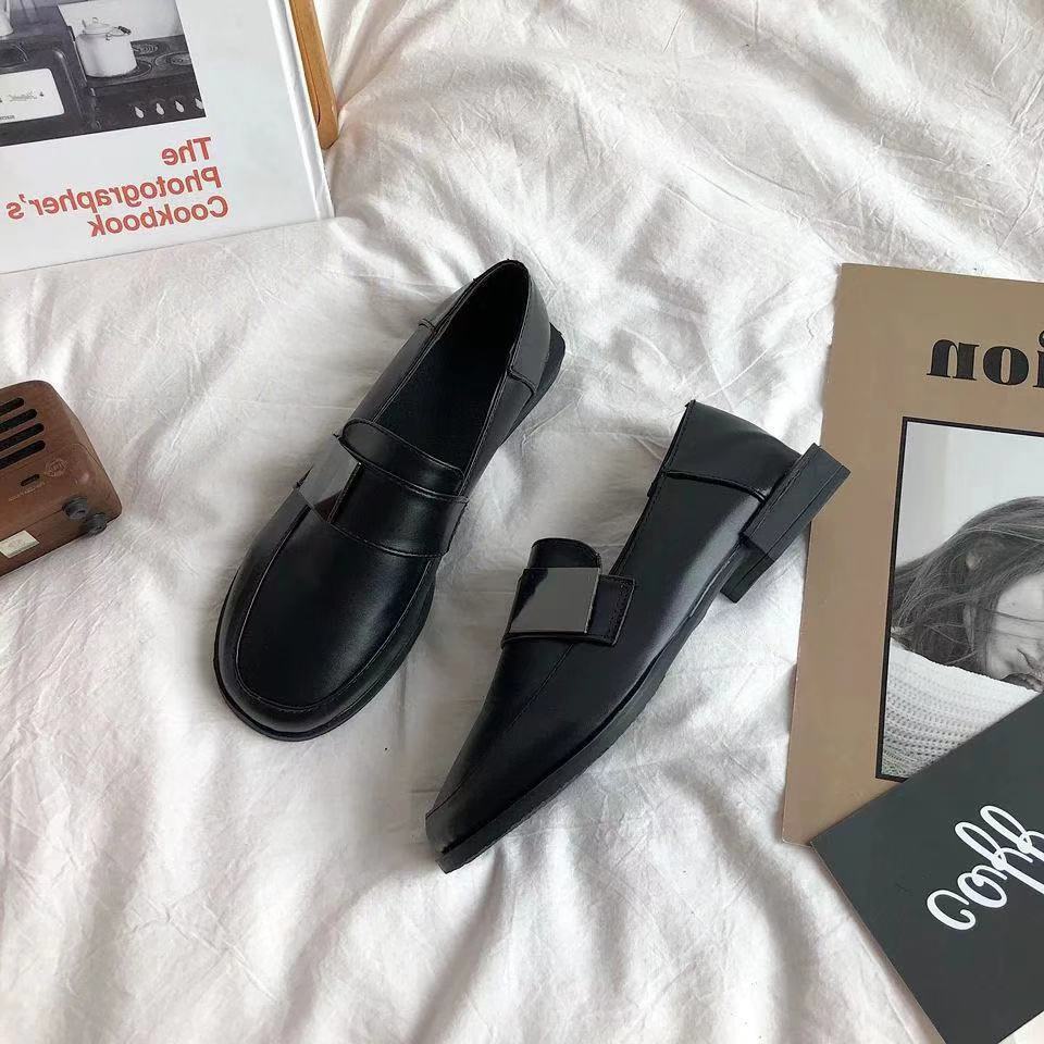 Giày cao gót đế vuông đế dày bàn đạp trong giày da nhỏ nữ sinh viên retro Phiên bản Hàn Quốc của giày đơn phong cách đại