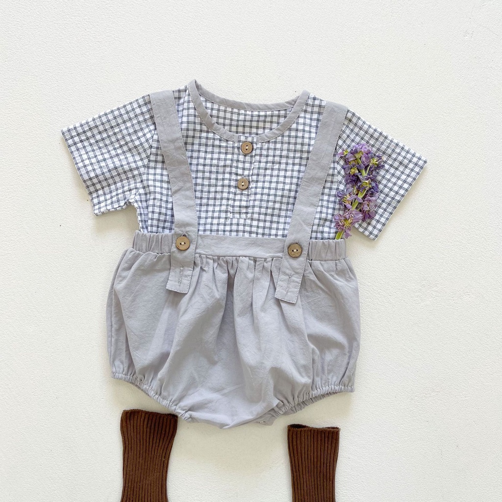Bộ áo sơ mi tay ngắn họa tiết sọc caro + quần yếm thời trang mùa hè xinh xắn cho bé sơ sinh