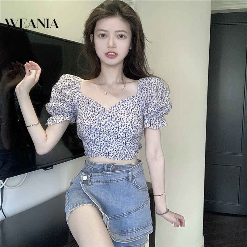 Áo Croptop Cổ Vuông Tay Phồng In Hoa Xinh Xắn Cho Nữ