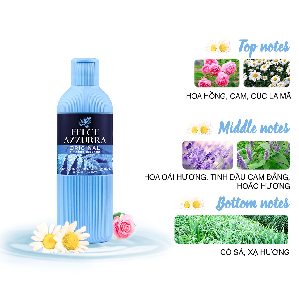 Sữa tắm hương nước hoa Ý Felce Azzurra 650ml, dưỡng ẩm, thư giãn, ngăn lão hóa, dưỡng trắng, thúc đẩy năng lượng