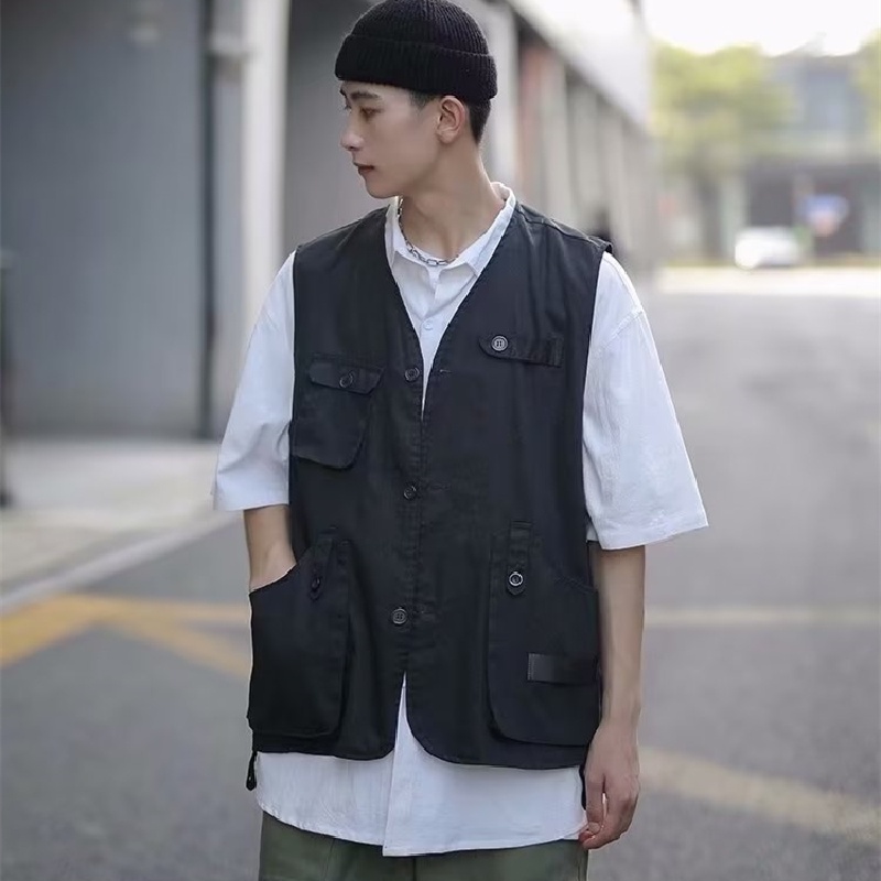 Áo Sơ Mi Không Tay Dáng Rộng Thoải Mái Nhiều Túi Phong Cách Hip Hop Đường Phố Nhật Bản Cho Nam [M-2XL]