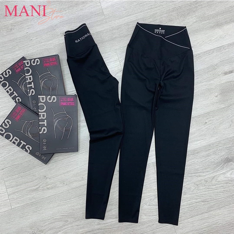 Quần legging nữ cạp cao dài vạt chéo vải Umi co giãn viền sọc kẻ trắng gen bụng nâng mông ôm co giãn tập gym full hộp | BigBuy360 - bigbuy360.vn